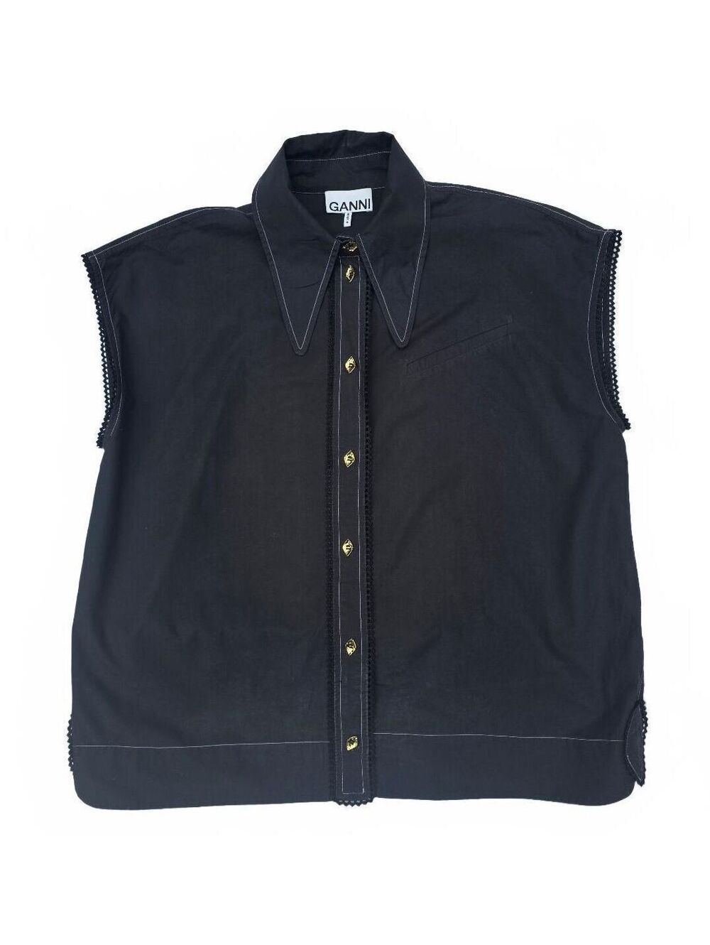 GANNI Black 100% Organic Cotton Poplin Sleeveless Diamond Shirt EU 36 / P2P 22”